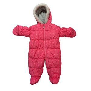 Carter’s Size 0-3 Month Girl Hot Pink Polka Dot Hooded Footed Puffer Snowsuit